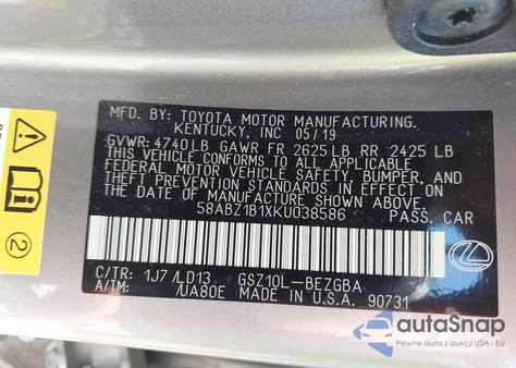 2019 Lexus Es 350 z USA, uszkodzony, nr VIN 58ABZ1B1XKU038586